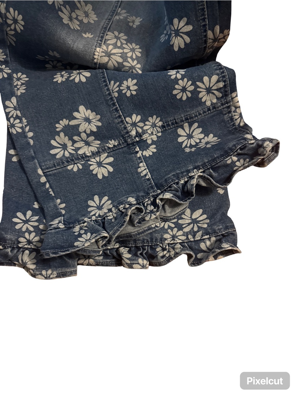 Blue Floral Ruffle-Hem Cropped Wide-Leg Jeans - Picture 3 of 4